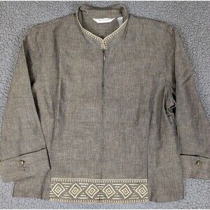 Melrose Jacket Zip Up Bronze Linen Blend 12 Gold Embroidery Pockets Gold Buttons